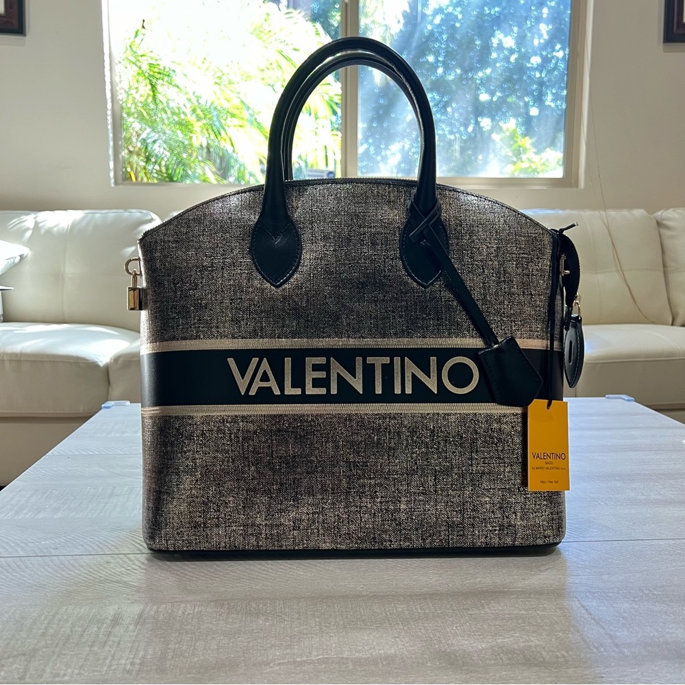 Valentino Gold Linen Bravia Tote in Black (SS22) by Mario Valentino